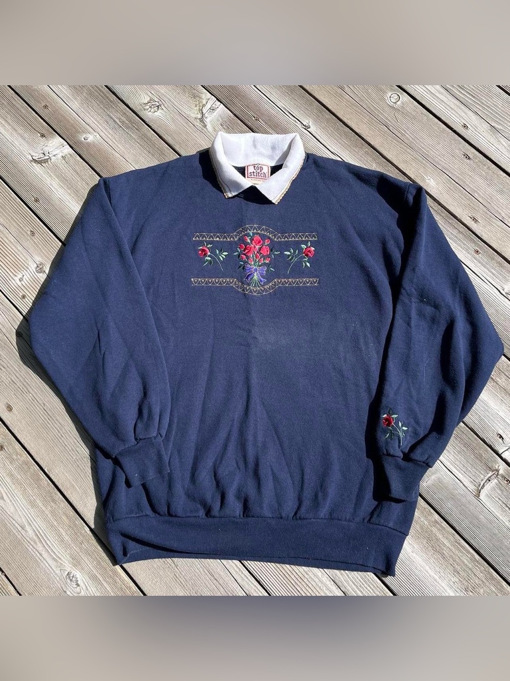 Top Stitch by Morning Sun navy floral embroidered vintage double collar crewneck